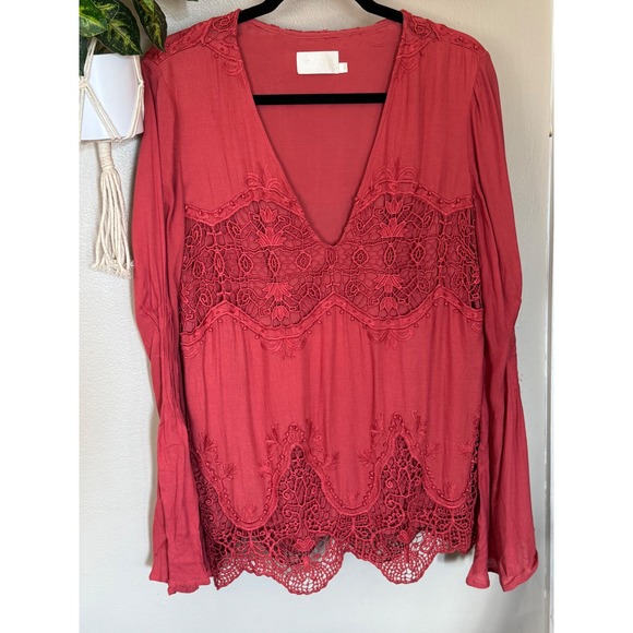 TJD Rust Red Boho Crochet Lace Deep V-Neck Bell Sleeve Top Size M J12161018 - Picture 2 of 8